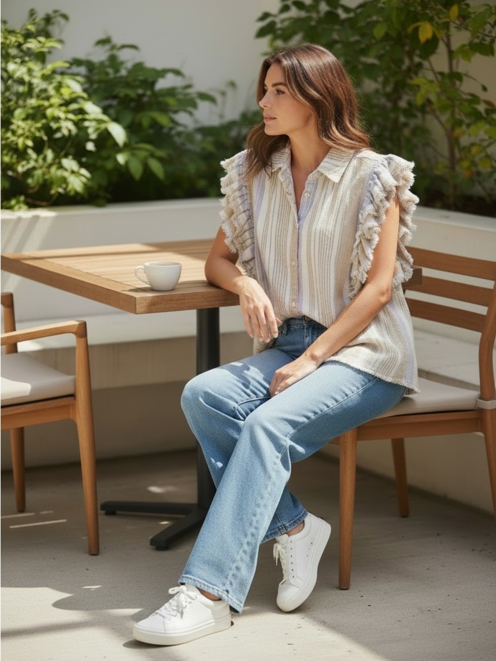 Given Kale Striped Ruffle Sleeve Button Front Boho Top Neutral Cottagecore